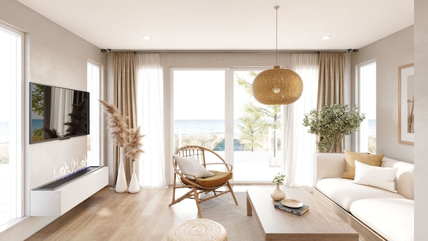 A modern living room with a large window, a sofa, a coffee table, and a TV mounted on the wall. - Hideaway Bay Resort (Silver Creek)