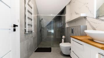 Hair dryer, towels, soap, toilet paper