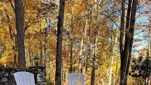 Un braciere in pietra circondato da poltrone Adirondack, immerso in una zona boschiva.