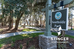 A sign for Southside Park with a logo and the name 'STINGER HOME MANAGEMENT'. - 10 min to Parris Island - Pet friendly Retreat w/ Yard & 1-1 Guest House (Beaufort)