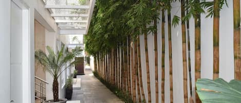 A corridor with a bamboo wall and a covered walkway.