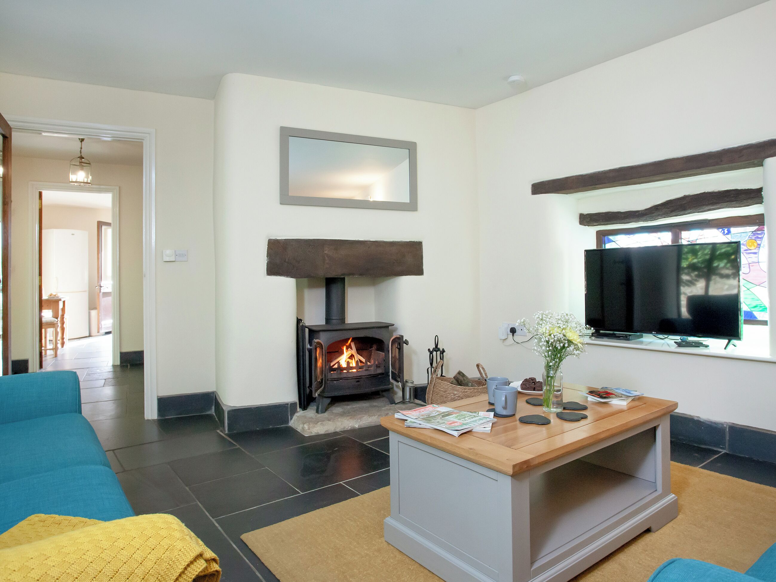 TV, fireplace