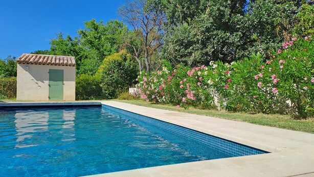 A swimming pool with clear blue water, surrounded by lush greenery and flowering bushes. - La Bastide Saint Roch - Modern and spacious in a quiet location with a pool (La Tour-d'Aigues)