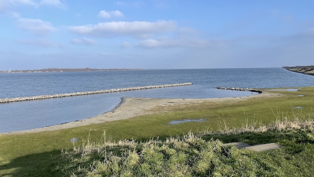 A coastal landscape with a clear sky, calm sea, and grassy areas. - Luxe Freistehendes Familie Ferien-haus mit Sauna (Scharendijke)