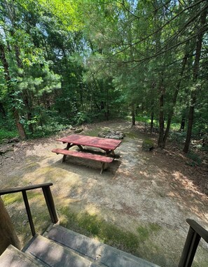 A picnic table in a forested area with a dirt path leading to it. - Timberline Cabins - The Pinewood Cottage - Hot tub, Fireplace, Pets (Cambridge)