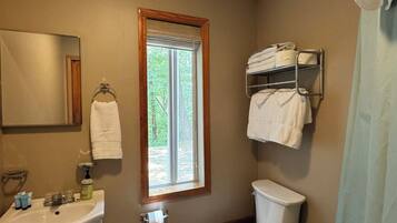 Shower, hair dryer, towels