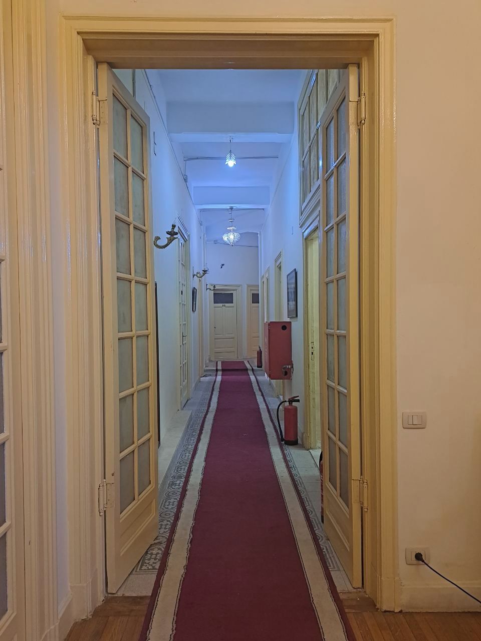 A hallway with a red carpet, white walls, and doors leading to rooms.