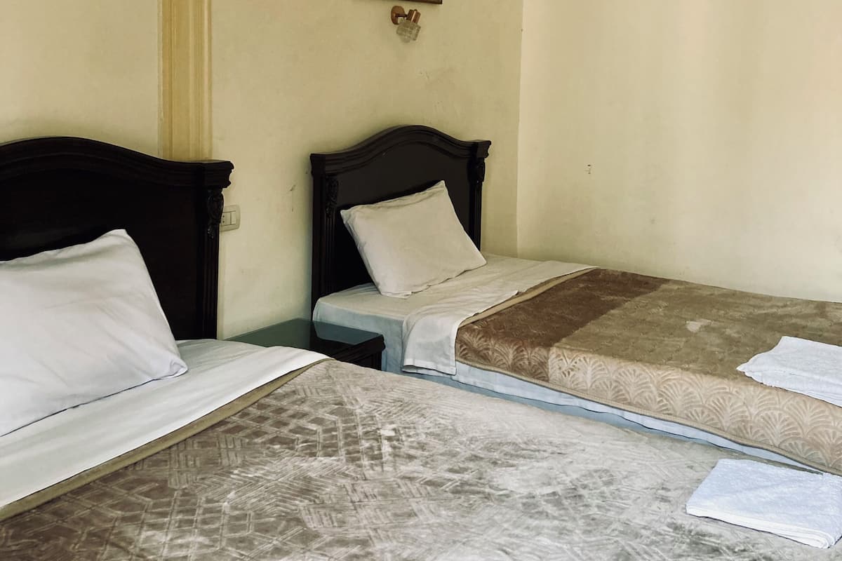 A room with two beds, a painting on the wall, and a door.