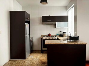 A modern kitchen with a built-in stove, oven, and refrigerator.