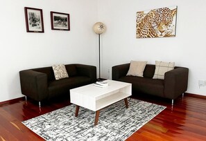En stue med to sofaer, et sofabord, et mønstret tæppe og billedkunst på væggen.