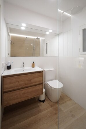 Secador de cabelo, toalhas de banho, sabonete, papel higiênico