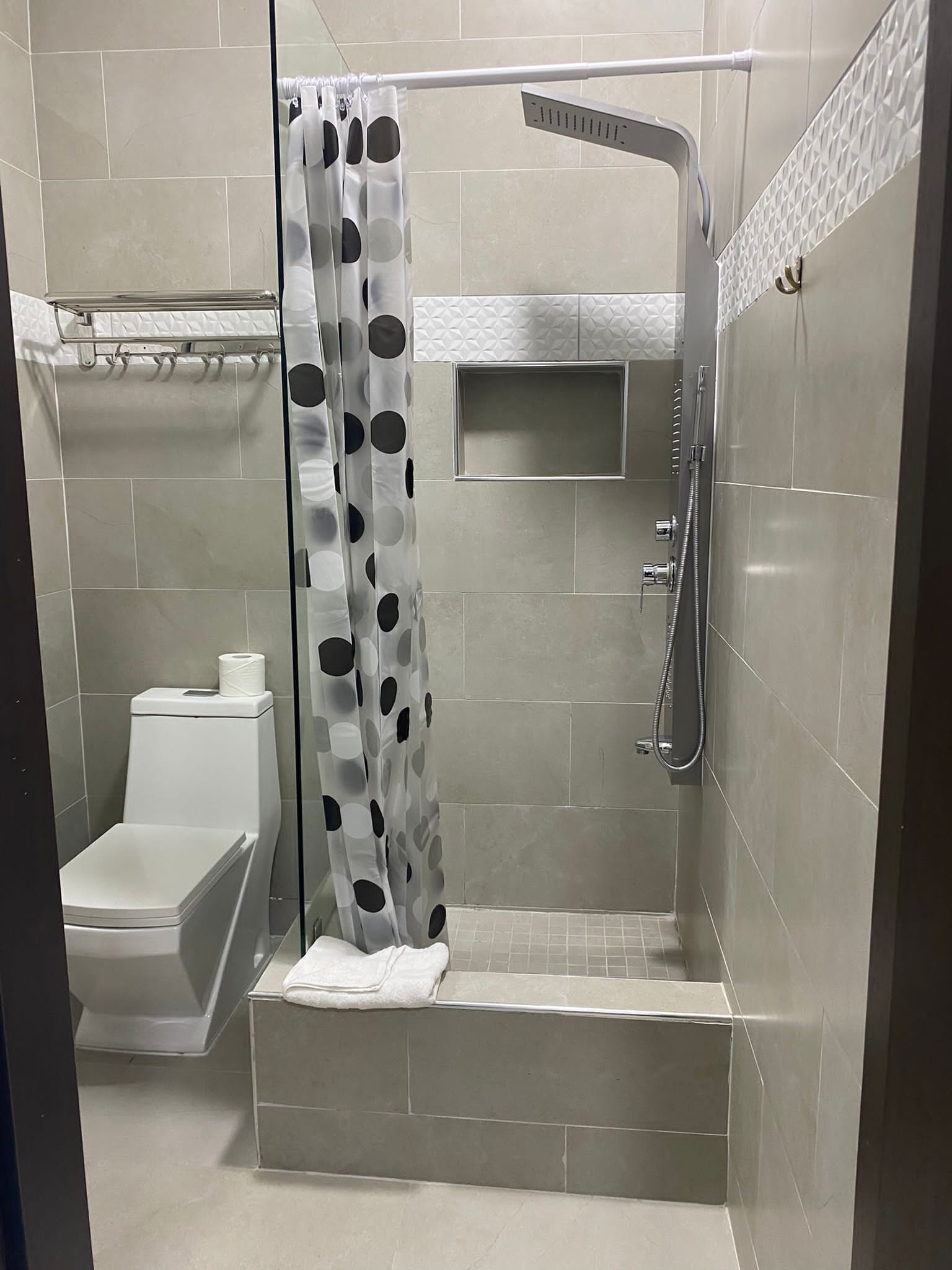 Une salle de bain moderne avec une douche à parois de verre, des toilettes et un porte-serviettes.