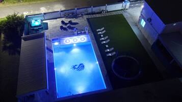 Outdoor pool, pool umbrellas, pool loungers