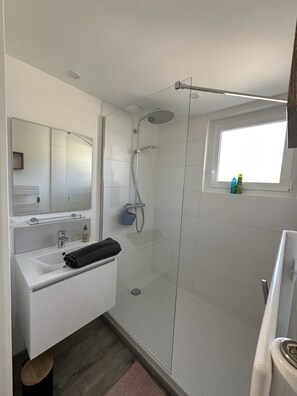 Dusche, Haartrockner, Handtücher, Seife