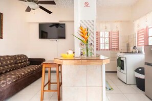 Ein Wohnzimmer mit einer Couch, einem an der Wand montierten Fernseher, einer Küchenzeile mit Herd und Backofen sowie einer kleinen Kochinsel mit Barhocker.