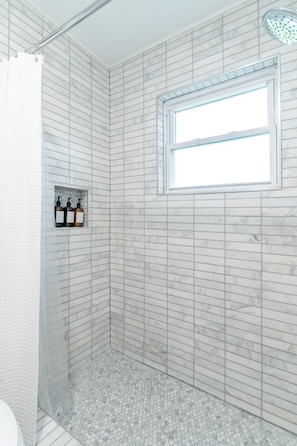 Hair dryer, towels, soap, shampoo
