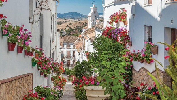 A narrow street with white buildings, potted flowers, and a church in the distance. - 2 bedroom luxurious home in El Gastor (El Gastor)