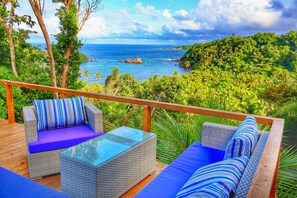 A deck with wicker furniture, a glass table, and a view of the ocean and greenery. - Blue Whale Villa (Calibishie)