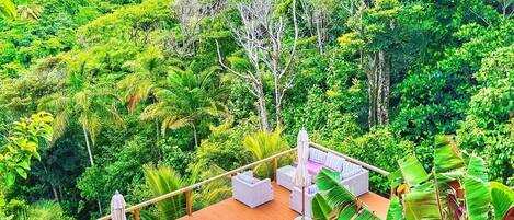 A deck with outdoor seating and a view of a lush green forest.