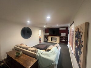 TV, fireplace, books