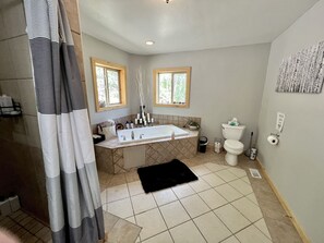 Shower, jetted tub, hair dryer, towels