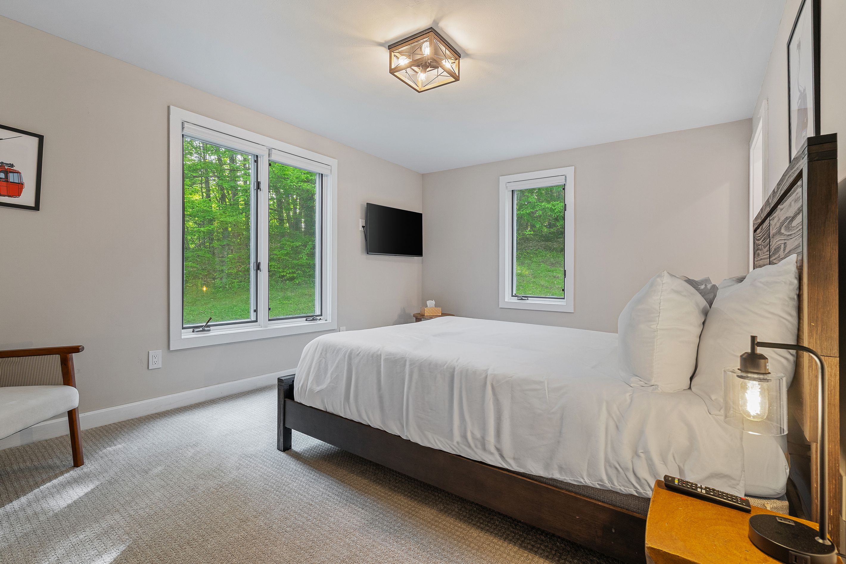 Une chambre à coucher avec un lit, deux fenêtres, un téléviseur à écran plat, une lampe de chevet et une chaise.
