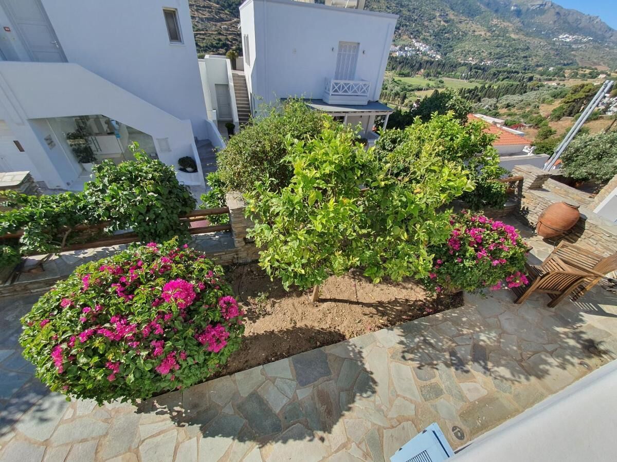 A garden with various plants and flowers, a wooden bench, and a stone pathway.
