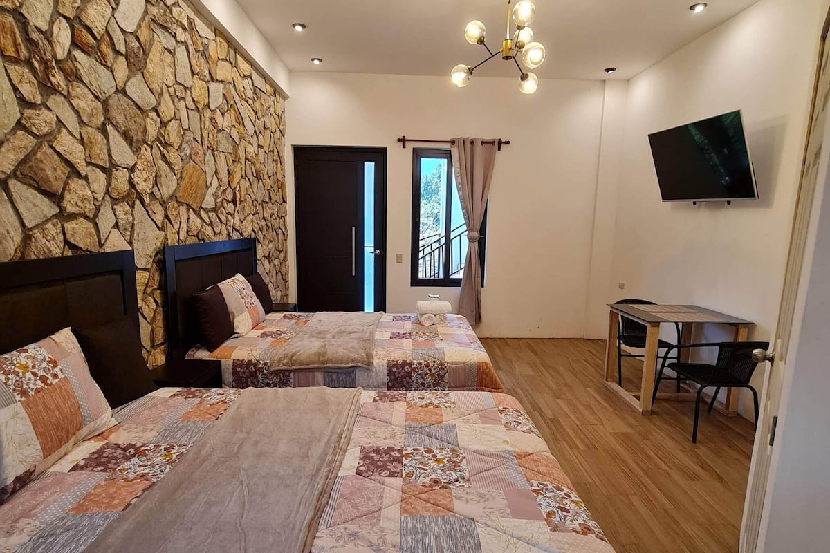 A bedroom with two beds, a stone wall, a TV, and a small table.