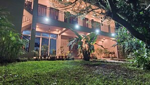Un immeuble à plusieurs étages doté de balcons, entouré d’une végétation luxuriante et agrémenté de plantes en pot.