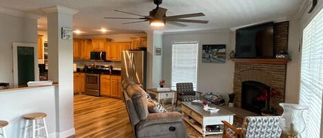 Smart TV, fireplace, video games, foosball