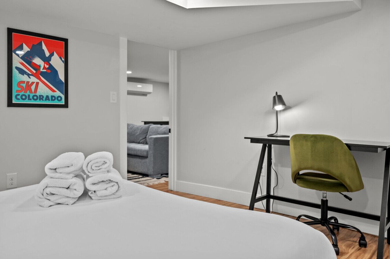 1 bedroom, desk, iron/ironing board, travel crib