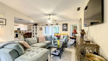 Smart TV, chimenea, reproductor de DVD y libros