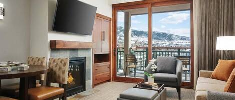 Smart TV, fireplace, video games, DVD player