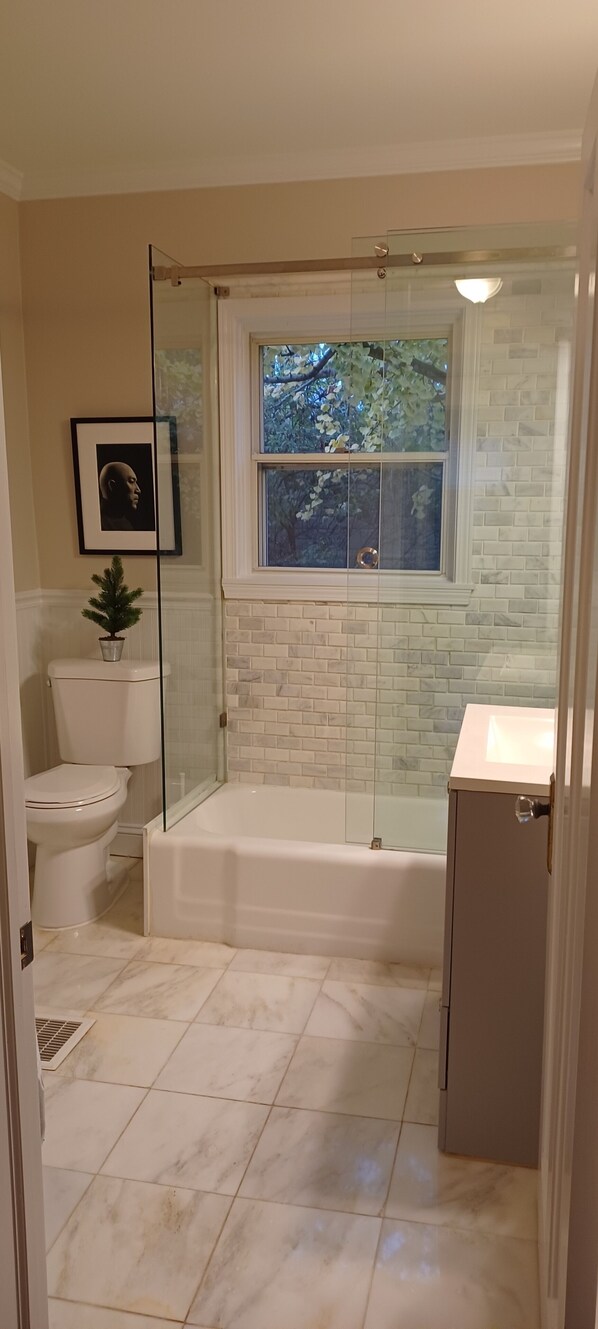 Hair dryer, towels, soap, toilet paper