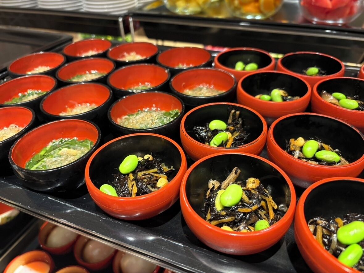 Variedad de platos en cuencos rojos y negros, algunos adornados con ingredientes verdes, dispuestos en una bandeja.