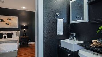 Eco-friendly toiletries, hair dryer, towels, soap