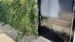 Ein schwarzes Metallgitter mit Riegel, ein Kiesweg und ein grüner Busch mit violetten Blüten.