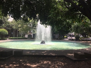 Une fontaine circulaire avec des jets d’eau au centre, entourée d’une zone pavée et d’arbres.