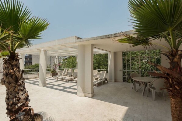 An outdoor seating area with chairs and tables, surrounded by palm trees.