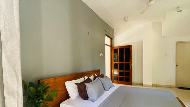 A spacious bedroom with a large bed, a ceiling fan, and a potted plant. - SURF N SPICE (Dikwella)