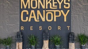 Señalización para 'MONKEYS CANOPY RESORT' con una pared texturizada y estatuas decorativas.