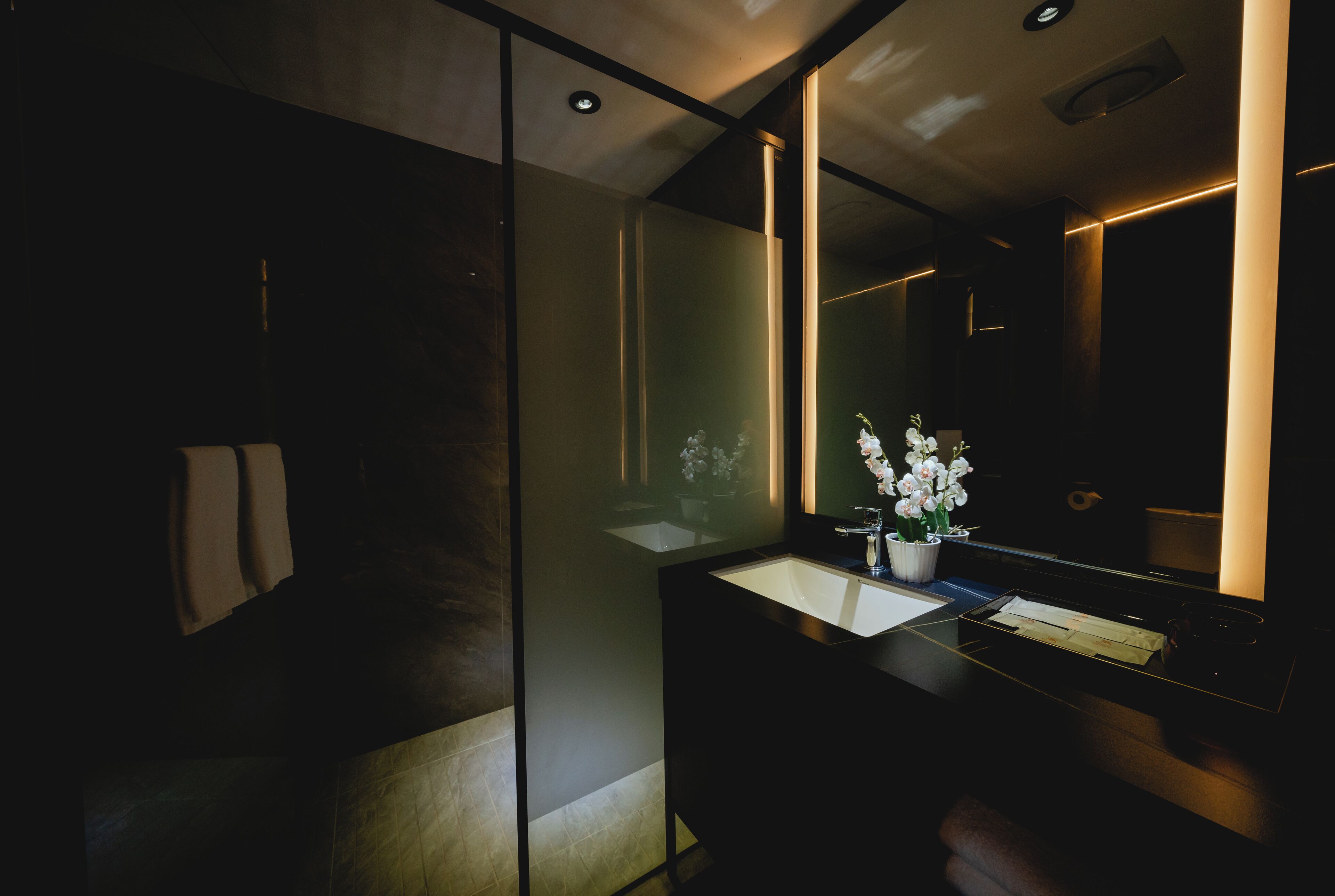 A modern bathroom with a glass shower enclosure, a dark vanity with a mirror, and a potted orchid.