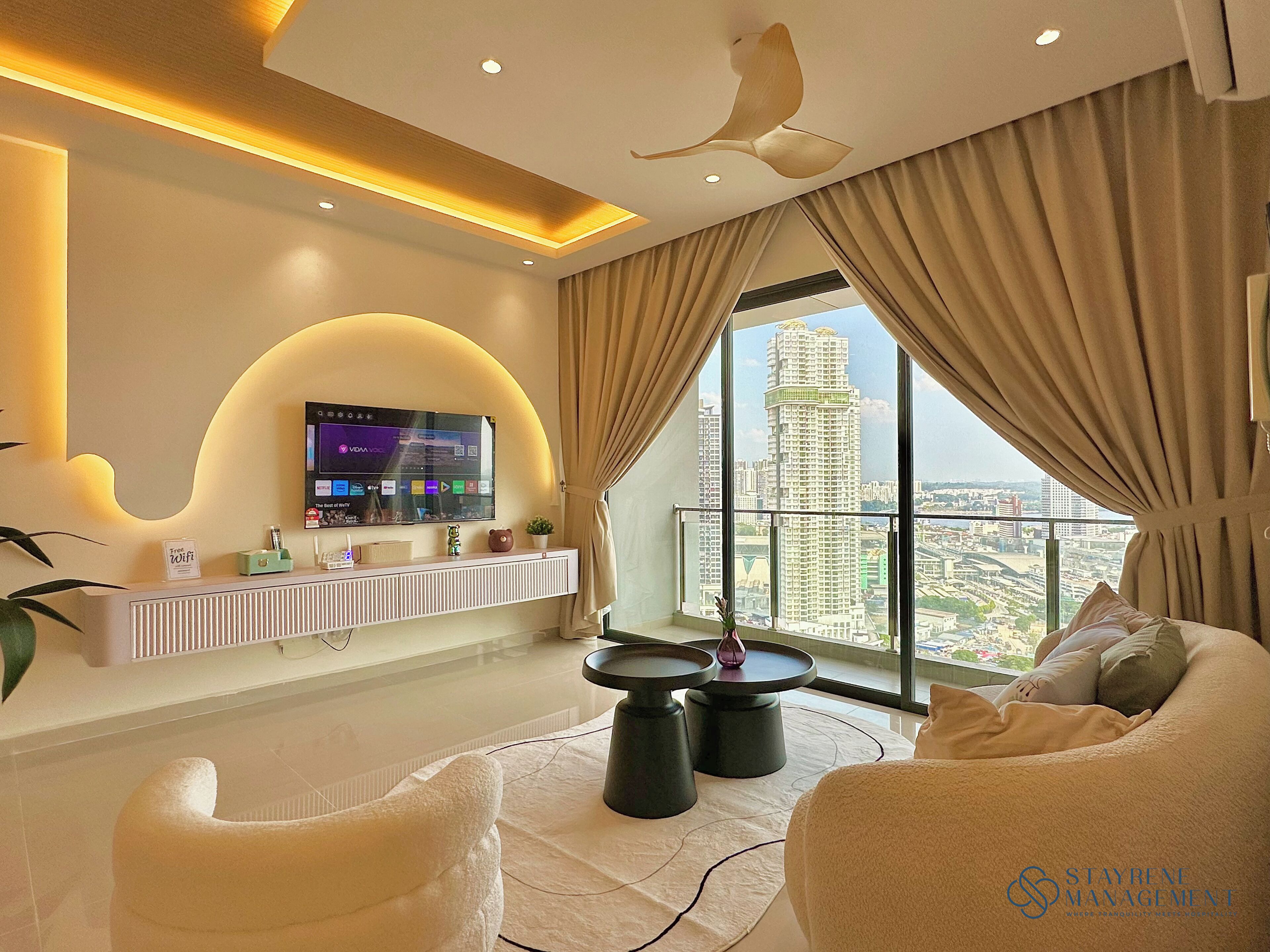 Design Apartment, Multiple Beds, City View | Living area | 50-inch Smart TV with cable channels, Netflix, streaming services
