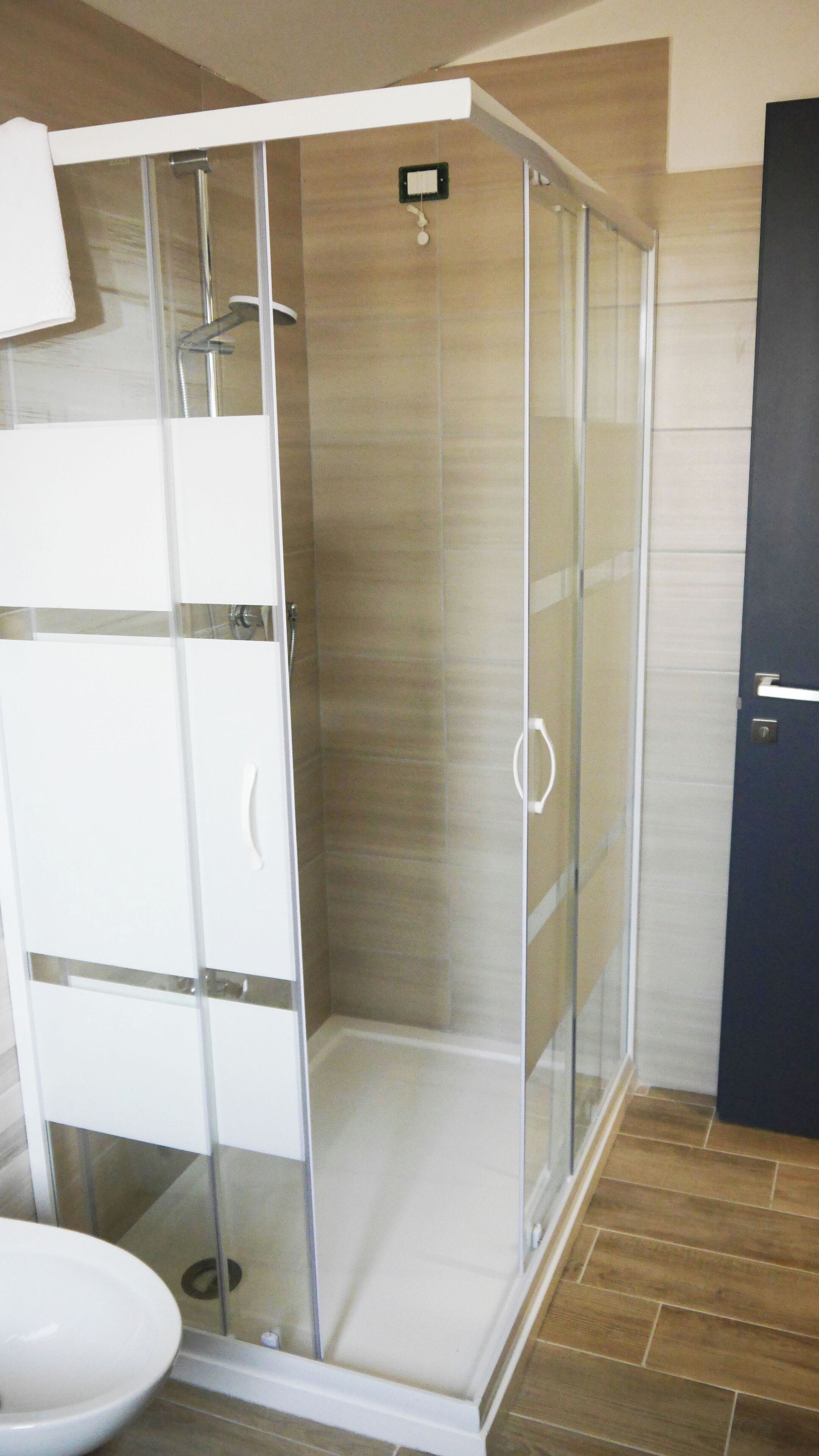 A glass-enclosed shower stall with a white sink and a door to the right.
