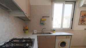 Een kleine keuken met een gasfornuis, een ingebouwde wasmachine, een spoelbak en een raam met uitzicht.