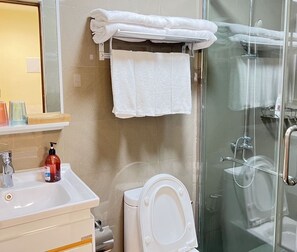 Regadera, secadora de cabello, toallas, shampoo 