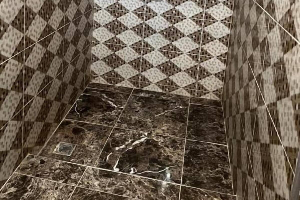 A shower with a diamond-patterned tile wall and a marble floor.