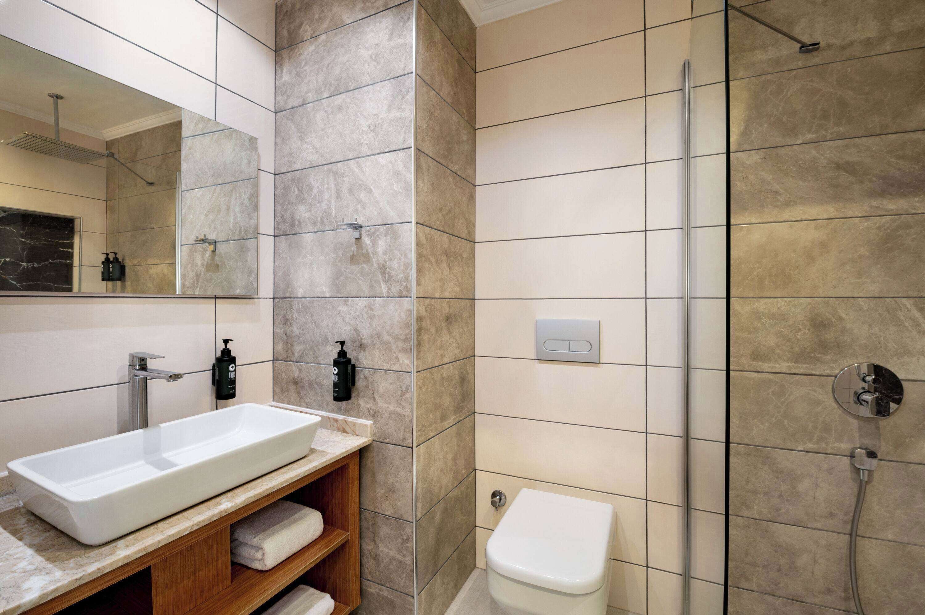 A modern bathroom with a large rectangular sink, a toilet, and a shower area.