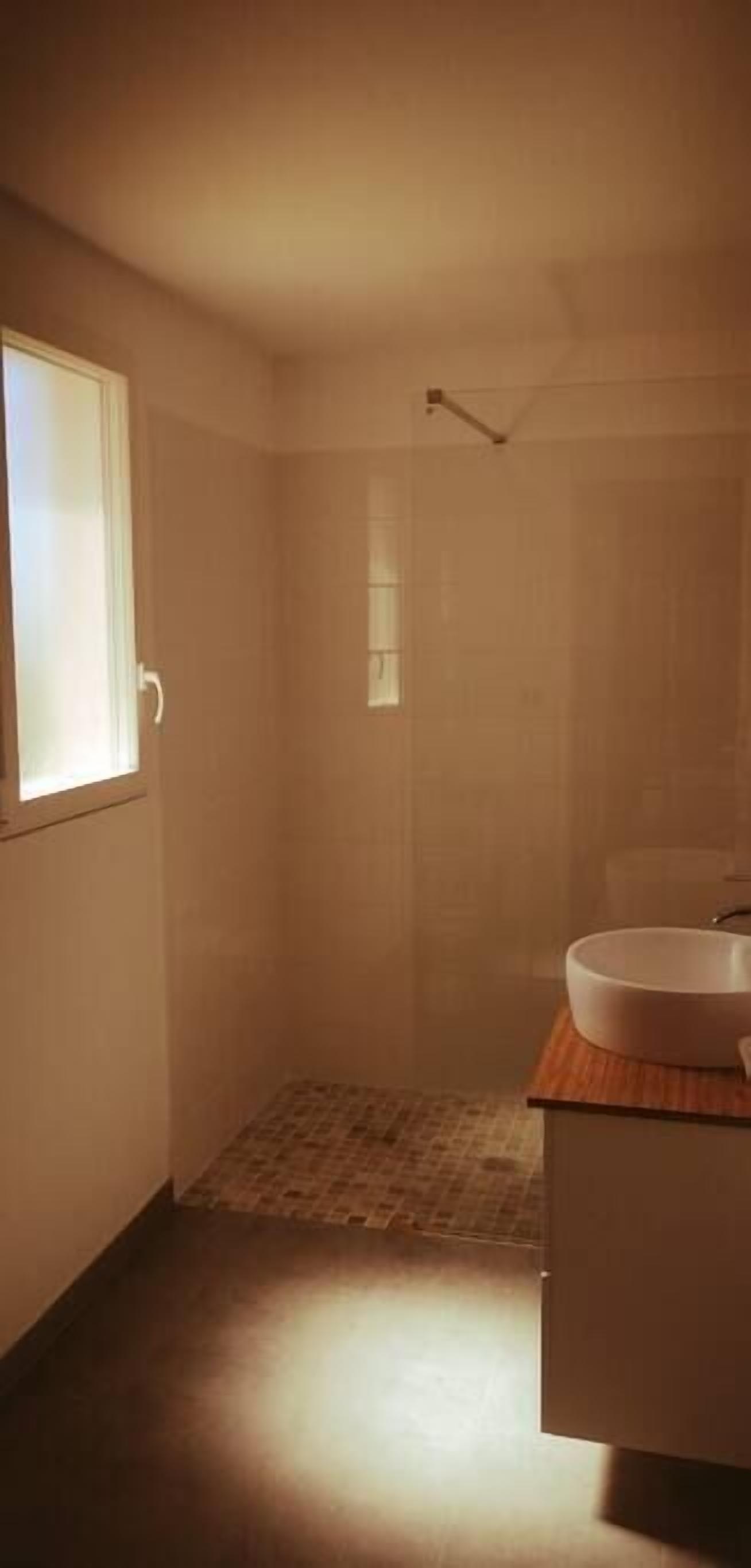 Un baño pequeño con ducha, lavamanos y ventana.
