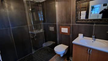 Shower, free toiletries, hair dryer, towels